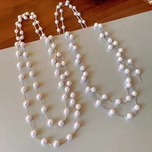 French Retro Artificial Pearl Long Necklace For Women Alloy Gold Silver Chain Sophisticated Elegant Sweater Chain Fashion Jewelry