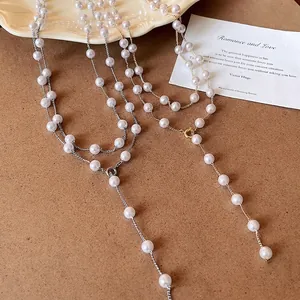 Elegant French style long artificial pearl necklace with vintage Y-shape design for women