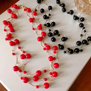 Vintage multi-layer faux pearl necklace in red and black colors long sweater chain