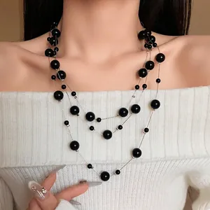 Elegant retro multi-layer black imitation pearl necklace for women long sweater chain