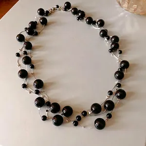 Vintage multi-strand black faux pearl necklace with silver chain for women's jewelry