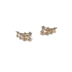 Elegant 18k gold plated stud earrings with zircons and gradient pearls on white