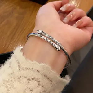 Minimalist silver twisted cable open bangle bracelet for women