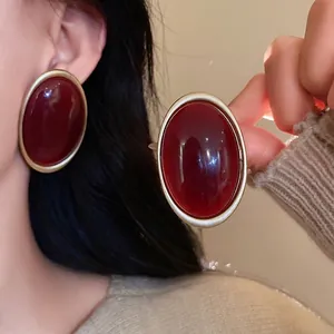 Vintage Palace Style Oval Stud Earrings Ankara Red Gold Plated Alloy Earrings Exaggerated Retro Jewelry For Women Autumn