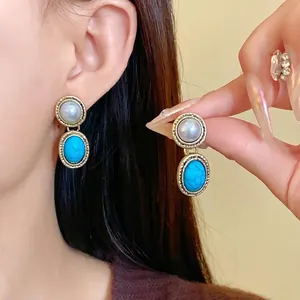 French vintage earrings with faux pearl and turquoise in gold-tone filigree frame