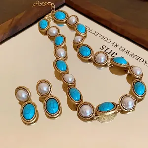 Vintage French gold-tone necklace and earring set with turquoise and faux pearls