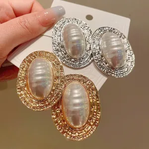 Orecchini a Bottone Ovali Stile Palazzo Vintage Francese per Donna Perla Artificiale a Righe Gioielli in Lega