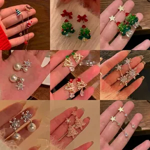 Christmas Tree Bow Stud Earrings For Women Artificial Pearl Rhinestone 925 Sterling Silver Earring Post Festive Jewelry