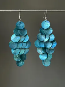 Gros plan détaillé montrant les couches irisées de boucles d'oreilles pendantes en nacre bleue