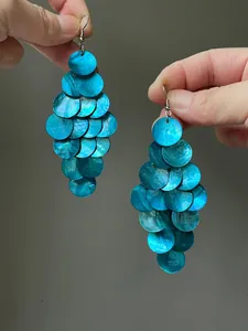 Vue détaillée de boucles d'oreilles en nacre bleue avec un fini iridescent naturel