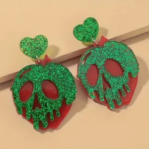 Spooky green glitter poison apple skull drip earrings with heart shape stud variant
