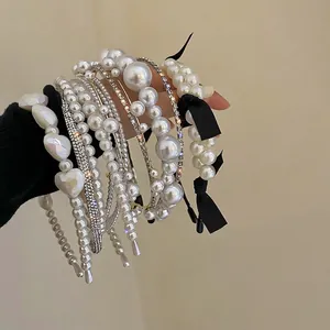 French Vintage Artificial Pearl Headband Sweet Elegant Bow Rhinestone Hair Band For Women Fashion Wedding Hair Accessories