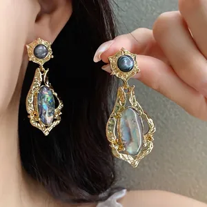 Elegant vintage gold-plated drop earrings with iridescent oval shell inlay for women