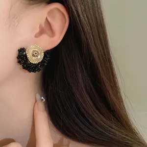 Elegant French vintage style pearl crystal flower stud earrings with silver needles