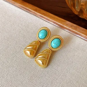 Vintage palace style turquoise gold-tone drop earrings with textured finish SKU variant