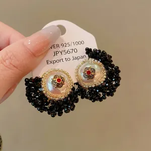 Vintage French style floral earrings with black crystals and pearls on S925 silver studs.