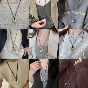 Modern Geometric Copper Alloy Pendant Necklace Minimalist Adjustable Leather Cord Sweater Chain For Women Office Casual Daily Jewelry