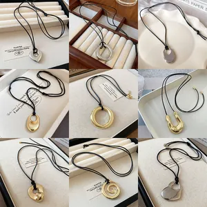 Women Minimalist Geometric Pendant Necklace Adjustable Leather Cord Long Sweater Chain Fashion Jewelry Trendy Alloy Accessories