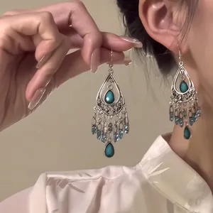 Bohemian Teardrop Tassel Drop Earrings For Women Retro Ethnic Style Alloy Rhinestone Inlaid Silver Earring Post Dangle Earrings