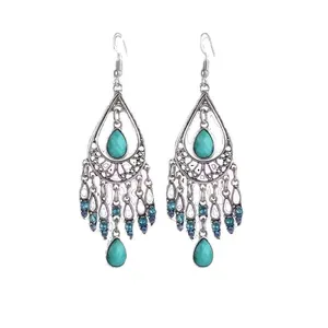 Vintage Bohemian teardrop tassel earrings decorated with blue rhinestones and stones
