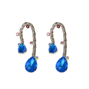 Vintage silver needle woven earrings with blue waterdrop crystals and rhinestones