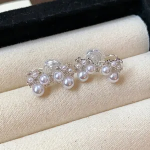 French style zircon pearl bow clip-on earrings with soft comfortable silicone pads
