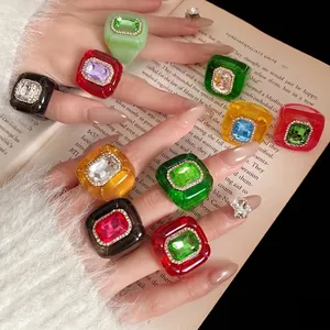 Vintage colorful resin rings with hexagonal shape and sparkling rhinestones