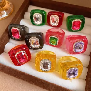 Vintage palace style resin rings with rhinestones and pleated texture in various colors