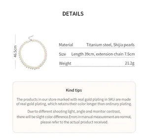 Detailed specifications of the titanium steel pearl necklace showing size and weight.
