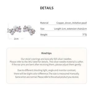 Detailed specs for French bow ear clips with zircons and pearls, listing size and weight