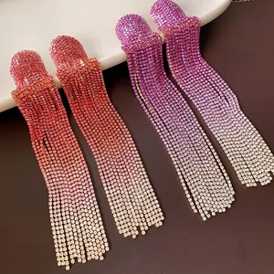 Europäisch-Amerikanische Lange Quasten-Ohrringe Mit Lila Farbverlauf Strass Und 925 Sterling Silber Stift Modeschmuck