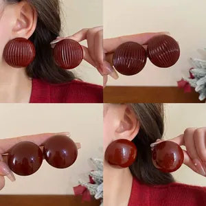 Vintage Iron Round Smooth Striped Stud Earrings With 925 Sterling Silver Post Exaggerated Geometric Wine Red Earrings For Women Jewelry