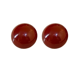 Minimalist round red glossy stud earrings with silver needle geometric design
