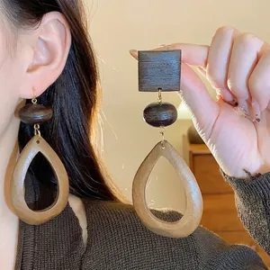 Vintage handmade geometric wooden teardrop earrings with silver needle for women