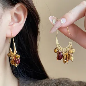 Vintage Ethnic Style Gold Plated Stone Tassel Drop Earrings For Women Elegant Bohemian Copper Jewelry With 925 Sterling Silver Post