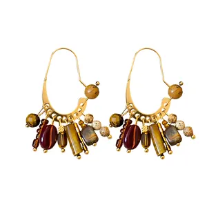 Vintage real gold-plated bohemian hoop earrings with multi-color natural stone tassel charms.