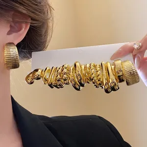 Elegant irregular pleated gold stud earrings set for women in retro style
