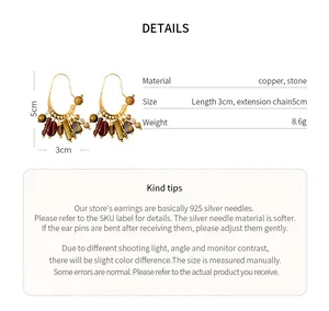 Detailed view of gold-plated ethnic stone tassel earrings with size and material info.