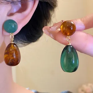 Vintage Asymmetrical Resin Water Drop Earrings With 925 Sterling Silver Earring Post For Women Geometric Retro Style Jewelry Gift