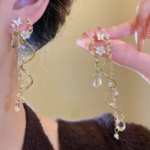 925 Sterling Silver Earring Post Alloy Rhinestone Butterfly Flower Tassel Earrings For Women Elegant Gold Drip Oil Enamel Earrings Jewelry Gift