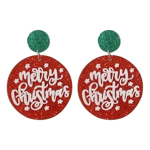 Sparkly red and green glitter circular Christmas earrings with Merry Christmas text design