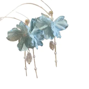 Elegant light blue chiffon flower tassel earrings with pearls and crystal beads