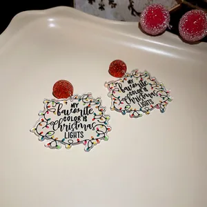 Acrylic Christmas earrings with 'My favorite color is Christmas lights' text design