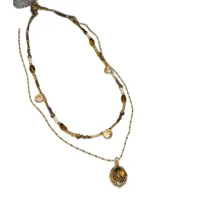 Vintage tiger eye pendant layered necklace with beaded gold-tone chains style