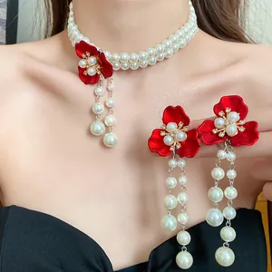 Vintage red flower and white pearl jewelry set with necklace and long drop earrings