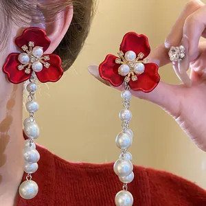 Elegant retro red flower drop earrings with long cascading white pearl tassels for women