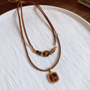 Double-layered retro tiger eye stone pendant necklace with brown suede cord for women