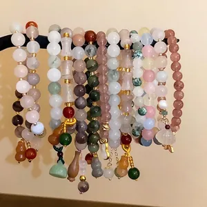 New Chinese Style Jade Gourd Beaded Bracelet For Women Handmade Bamboo Shape Natural Stone Artificial Pearl Elastic Bracelet Jewelry Gift