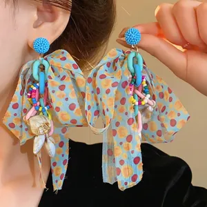 Bohemian Style Bow Seed Bead Earrings For Women Steel Earring Post Blue Polka Dot Fabric Tassel Earrings Natural Shell Pendant