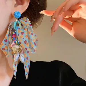 Bohemian style chiffon bow earrings with seed beads and sea shell charms for women